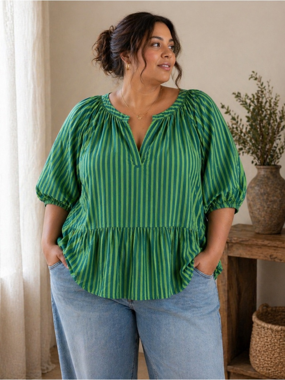 Printfresh Puff-Sleeve Striped Peplum Women's Top Size 2X